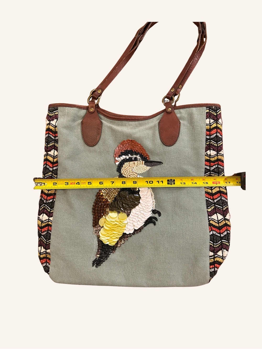 Anthropologie Jasper & Jeers Beaded Bird Tote Bag Leather Handles - Picture 5 of 12